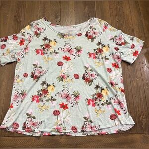 Cato Multicolor Floral Butterfly Short Sleeve Top